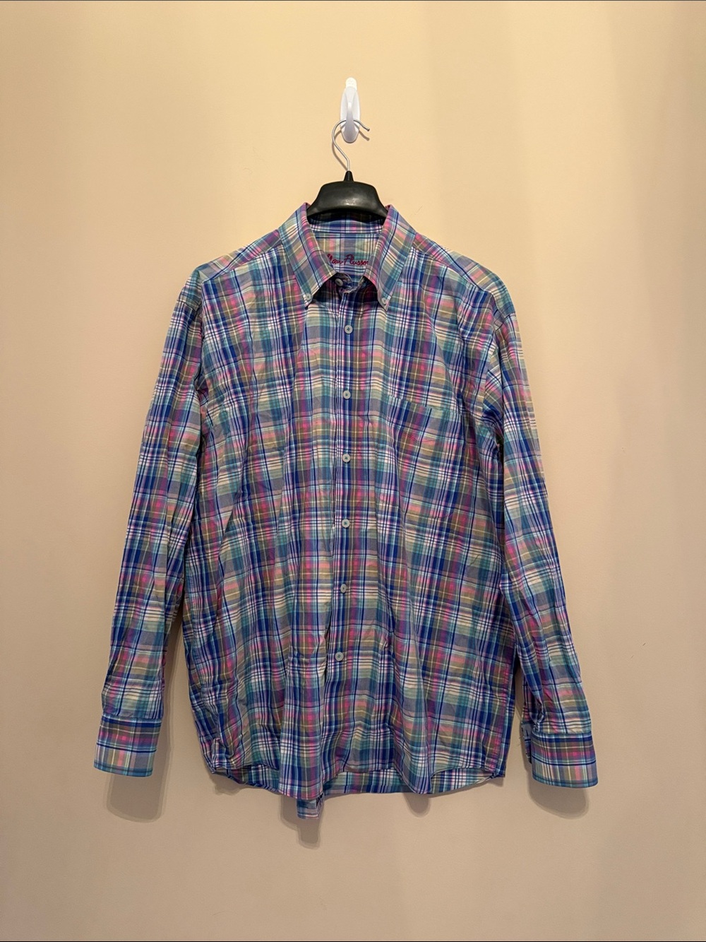 Alan Flusser 100% Cotton Multicolor Plaid Button-Down‎ Shirt Size Large